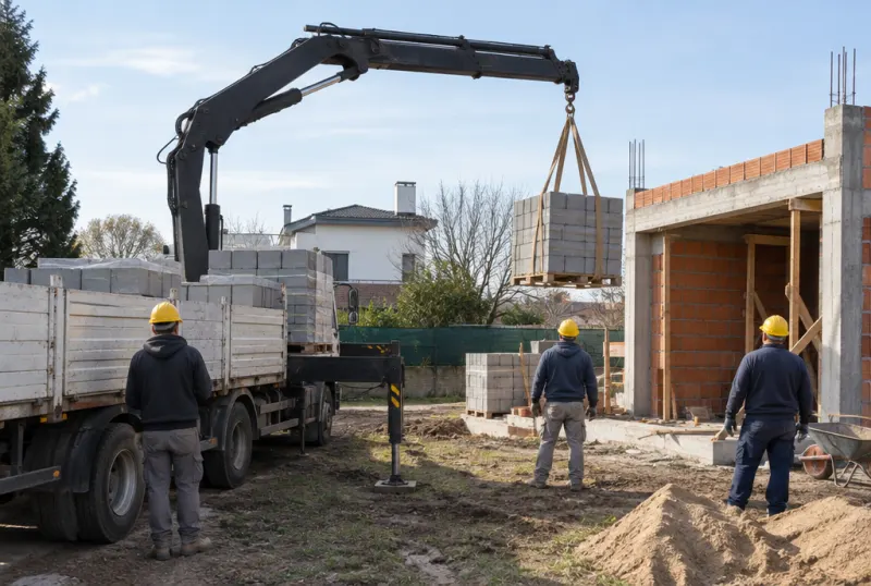 Hidrogrúa descargando pallets de ladrillos en una obra de La Plata