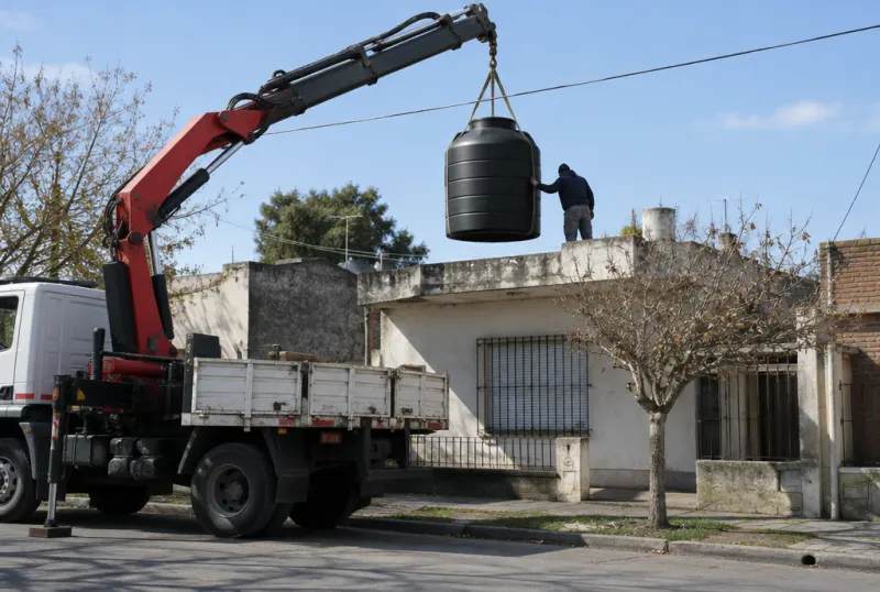 Hidrogrúa subiendo un tanque de agua a una terraza en La Plata