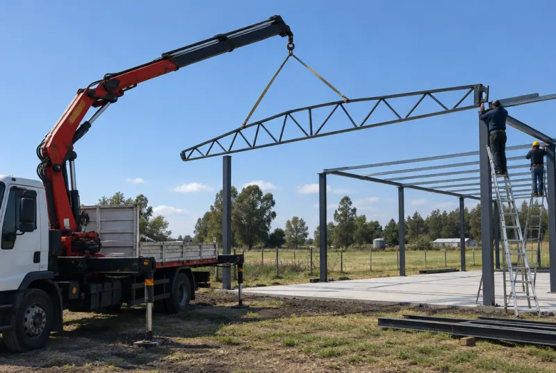 Hidrogrúa montando una cabriada metálica en un galpón