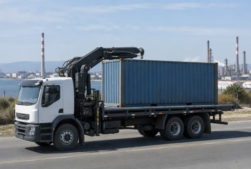 Camión con hidrogrúa trasladando un contenedor en La Plata